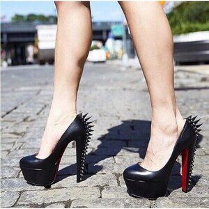 CHRISTIAN LOUBOUTIN Electropump Black Napa Leather Platform Spiked Red Sole Pump